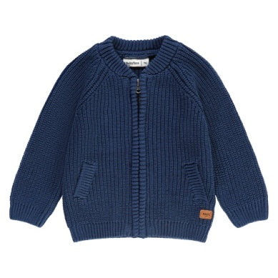 navy cardigan sweater, two pockets on the side and functional zipper. crew neck collar. 