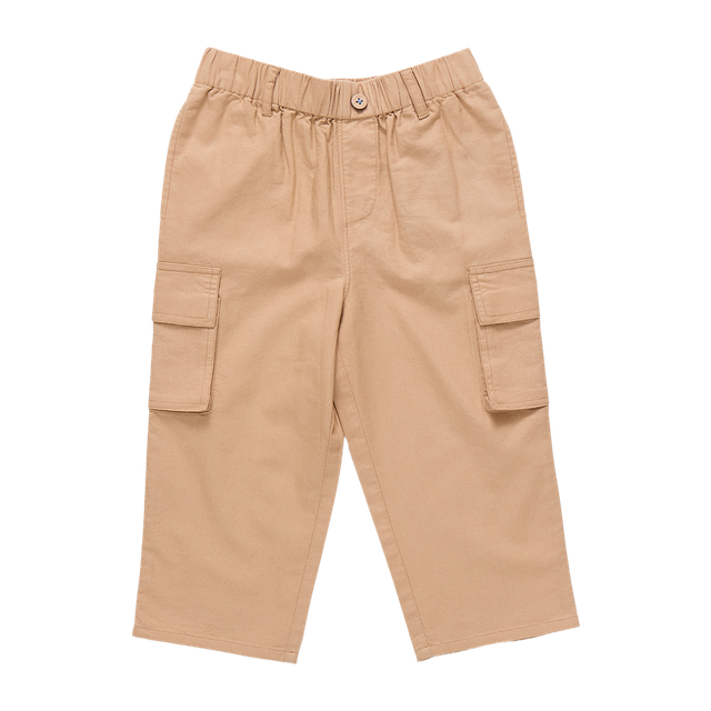 khaki cargo pants with elastic waist band and pockets on the side