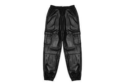 girls black cargo sweatpants. the pants have a nice sheen to them. and cargo pockets on the side 