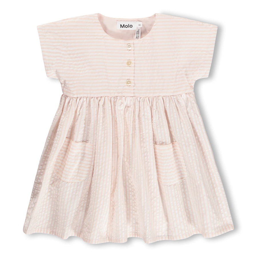 pink seersucker stripe with 3 buttons at the top of the dress. 