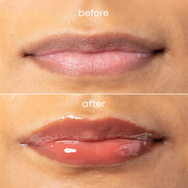 Close-up before-and-after comparison of a person's lips, showing a matte natural lip color labeled 'before' and a glossy rosy lip color labeled 'after'.