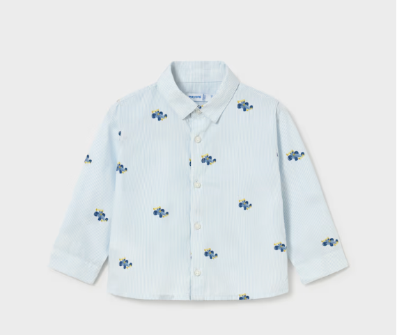 A light blue long-sleeve button-up shirt for toddlers, featuring a subtle vertical stripe pattern and a repeating print of blue and yellow toy cars, shown flat on a light gray background.