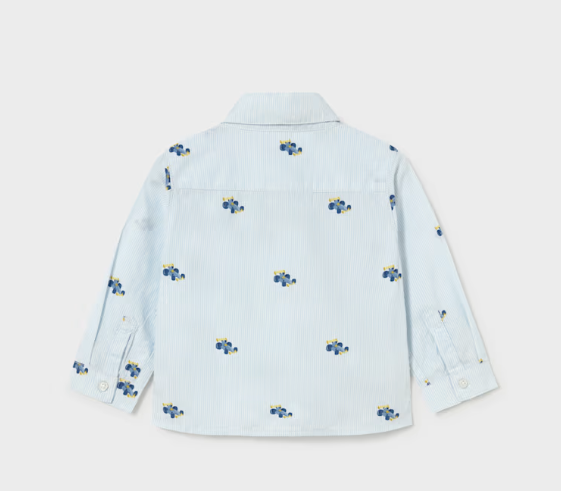 A light blue pinstriped long-sleeve shirt shown from the back, featuring a small blue and yellow cars print repeated across the fabric.