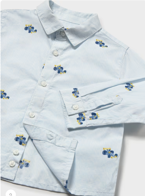 A light blue and white striped long-sleeve button-up shirt with embroidered blue and yellow cars shown in a flat-lay style on a white background.