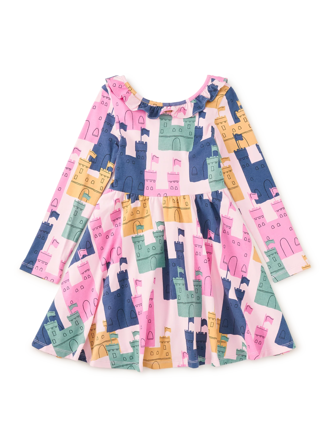A long-sleeve children's dress with a colorful castle pattern in pink, navy blue, teal, and mustard yellow on a white background.