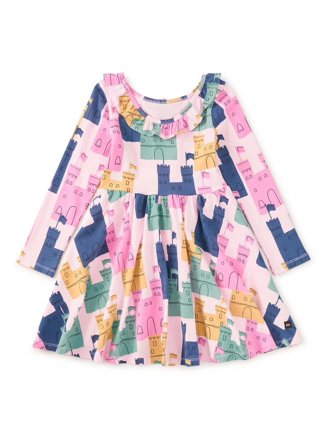 A long-sleeve children's dress with a castle pattern in pink, navy blue, mint green, and mustard yellow, featuring a ruffled neckline and a flared skirt.