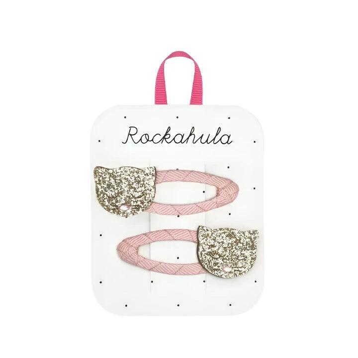 set of 2 pink snap clips each with gold glitter cat on top