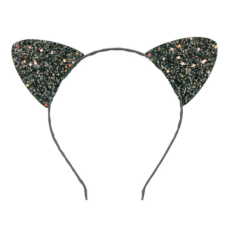 Cat ear headband with glittery black and gold design on a white background