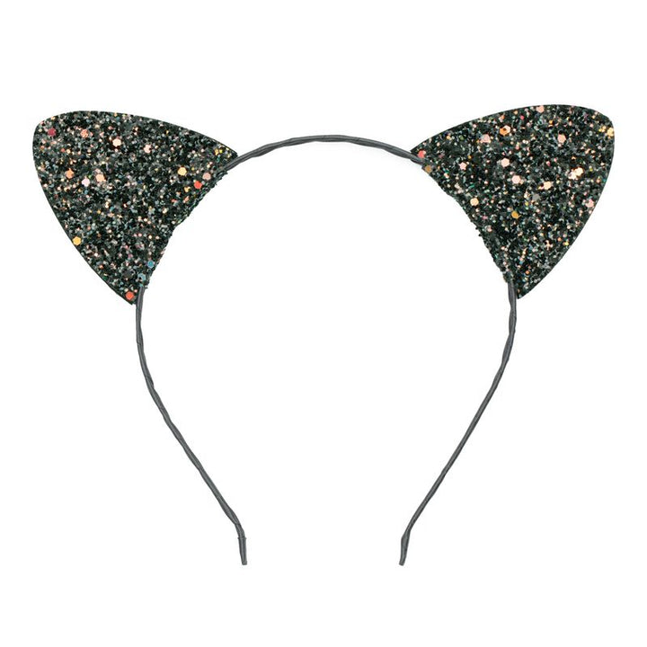 Cat ear headband with glittery black and gold design on a white background