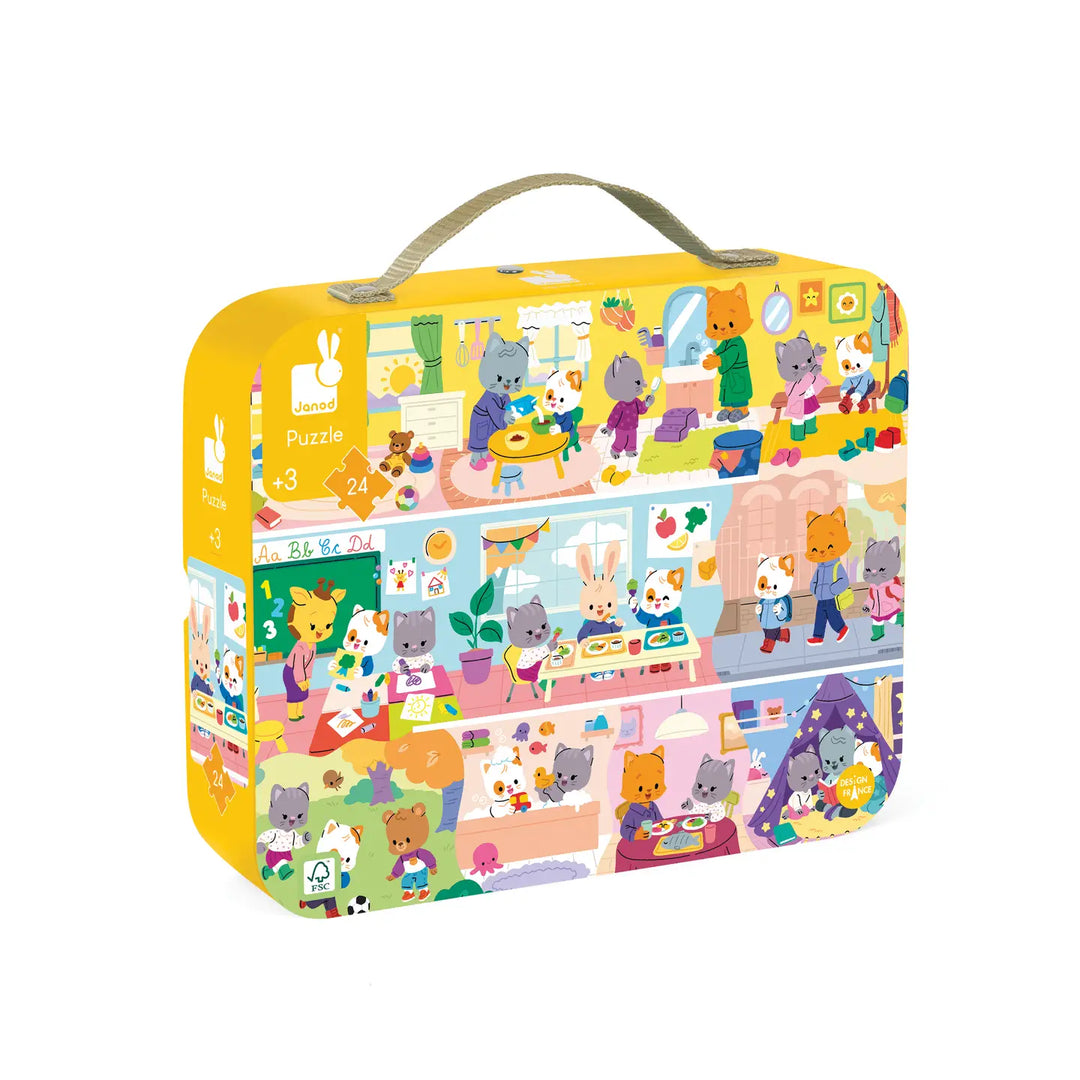 Children's puzzle in a colorful carrying case with cartoon characters on a white background