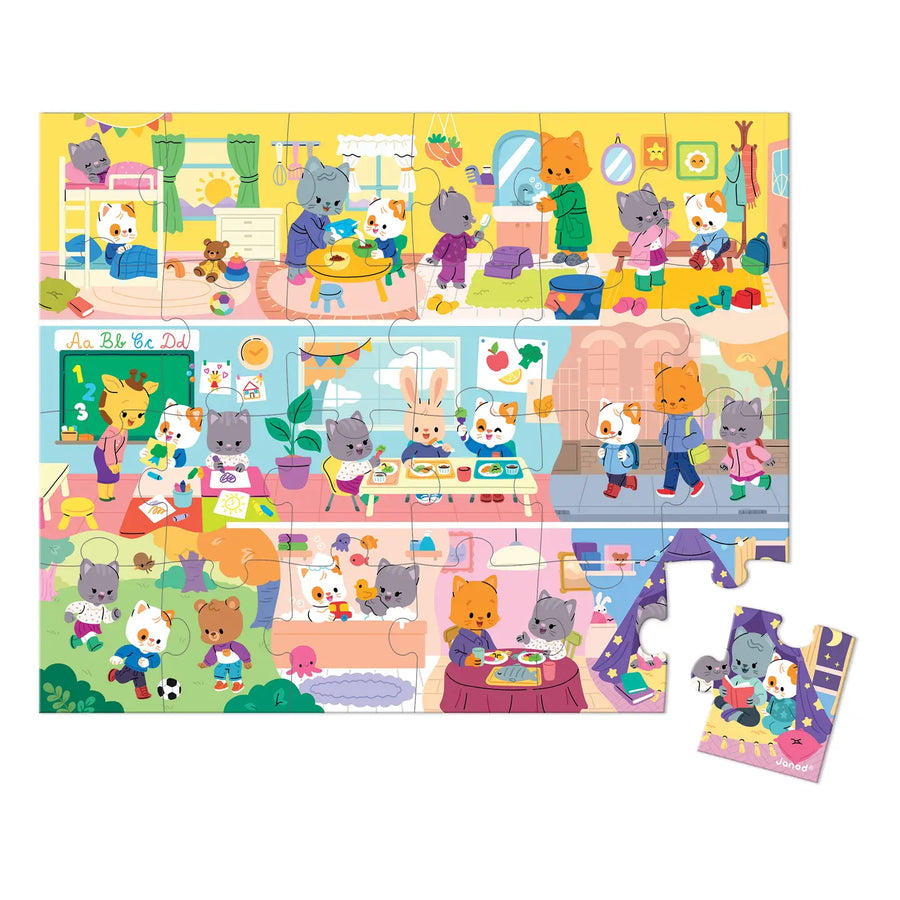 Children's puzzle with cartoon animal characters in a classroom setting