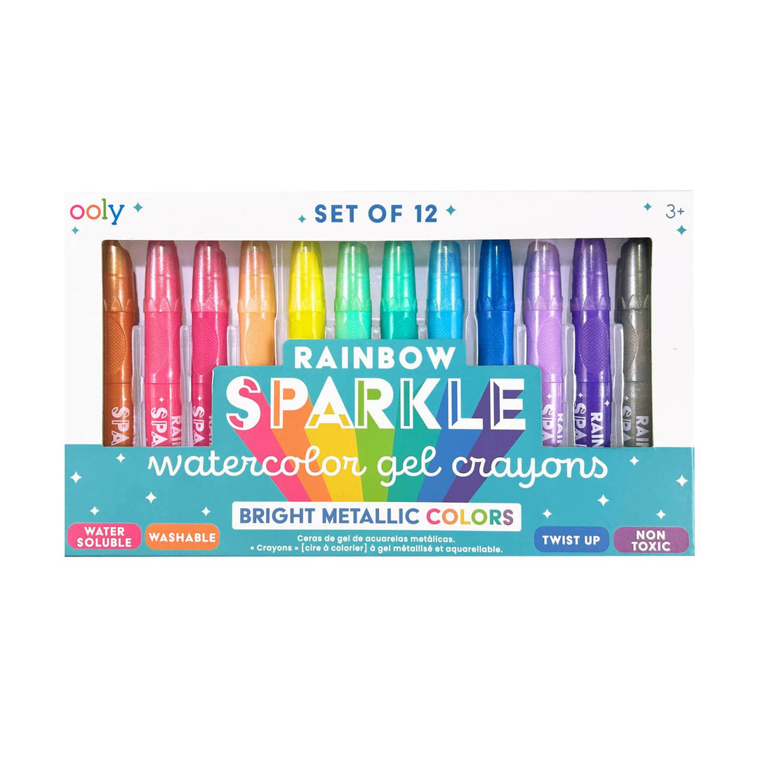 set of 12 gel crayons in rainbow sparkle colors. can use as watercolor. this picture shows them in the packaging. 