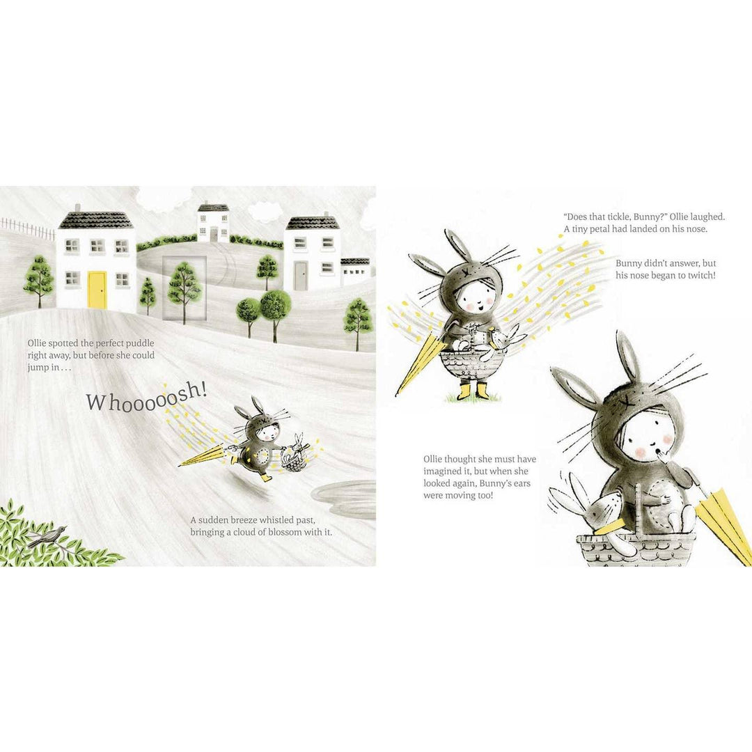 inside pages of the book . the little girl and her rabbit are running through the fields 