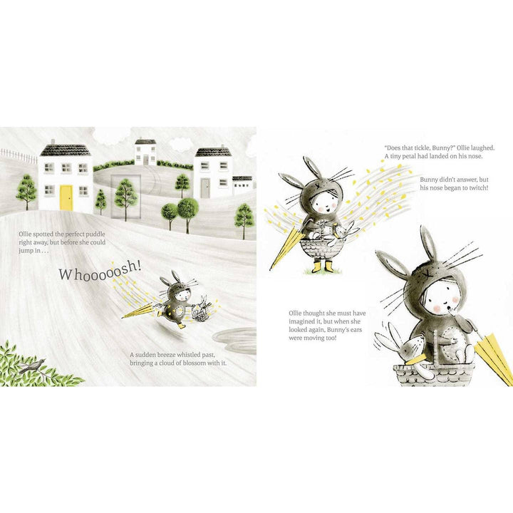 inside pages of the book . the little girl and her rabbit are running through the fields 