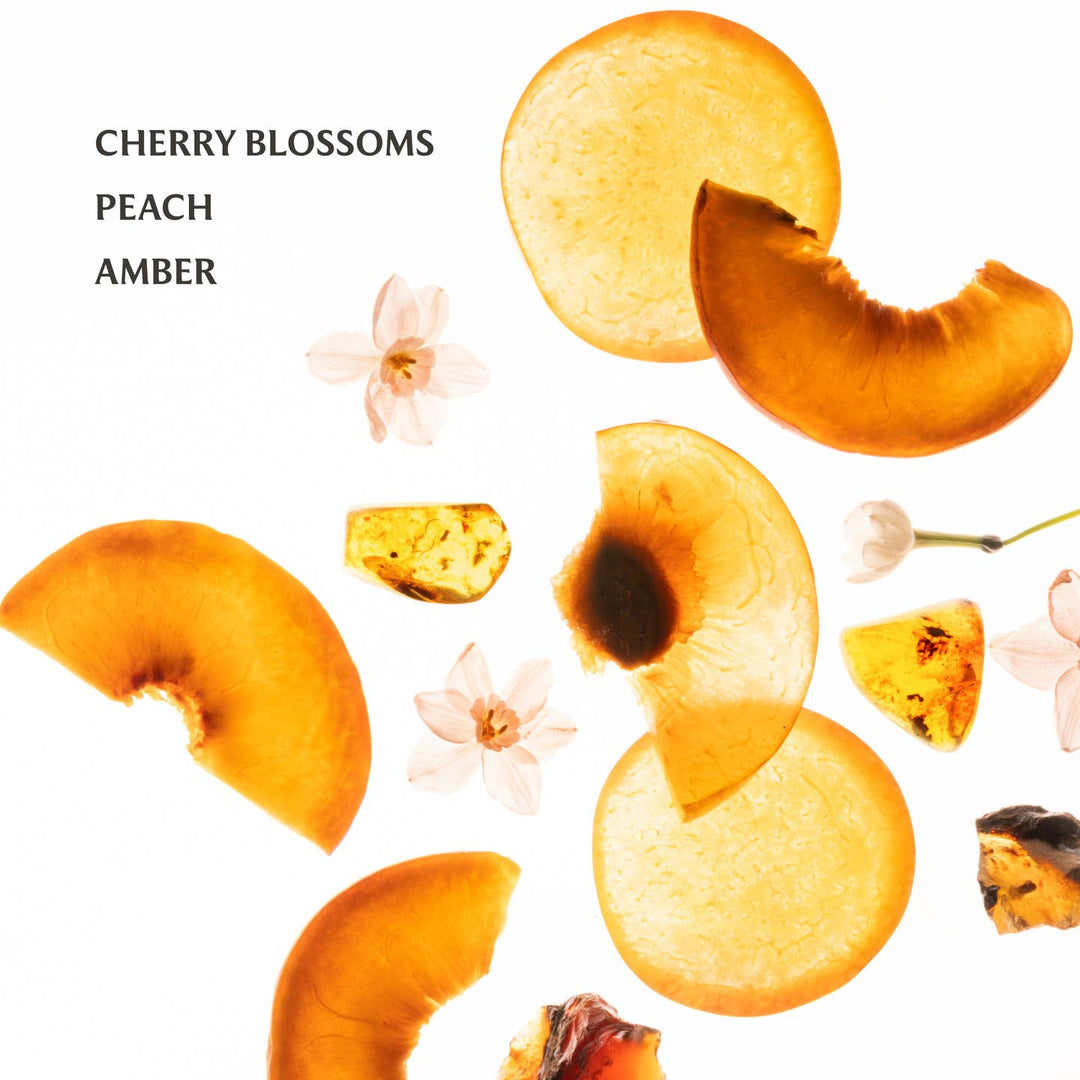 Sliced peaches and cherry blossoms on a white background with text 'Cherry Blossoms', 'Peach', and 'Amber'.