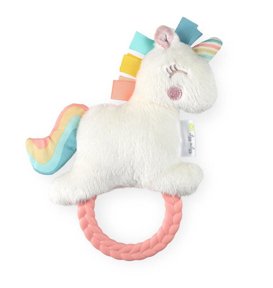 small unicorn plush teether attached to a teething ring 