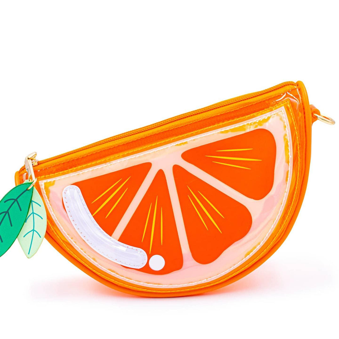 plastic handbag with zipper closure.  handbag looks like an orange slice. 