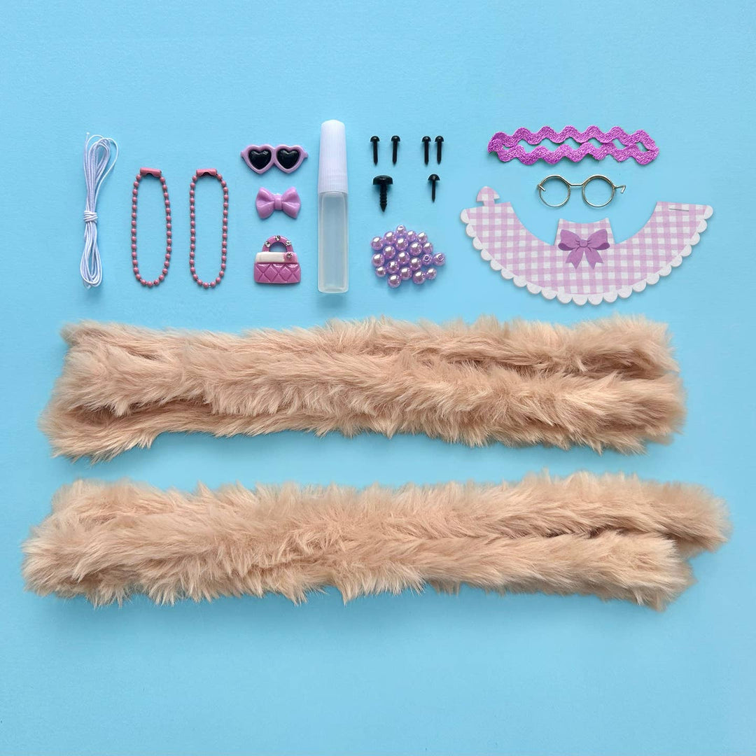 Collection of supplies for doll accessories including fur, jewelry, and clothing on a blue background