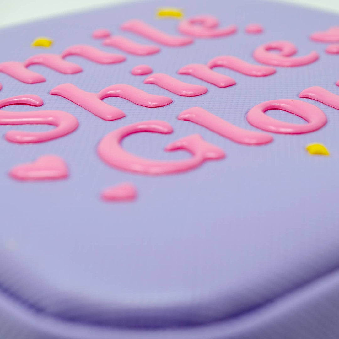 close up of the material and embossed lettering 