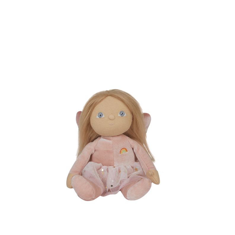 Plush toy fairy with blonde hair and blue eyes wearing a pink outfit on a white background