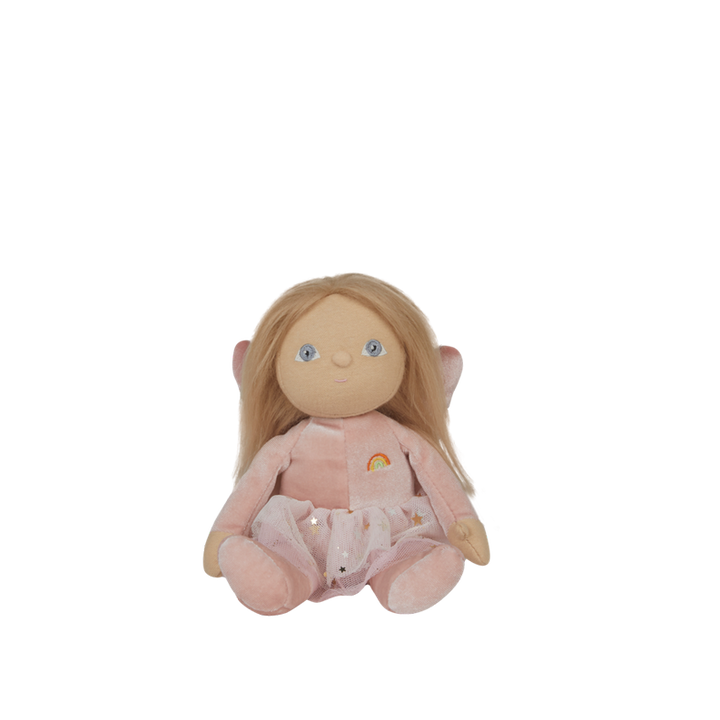Plush toy fairy with blonde hair and blue eyes wearing a pink outfit on a white background
