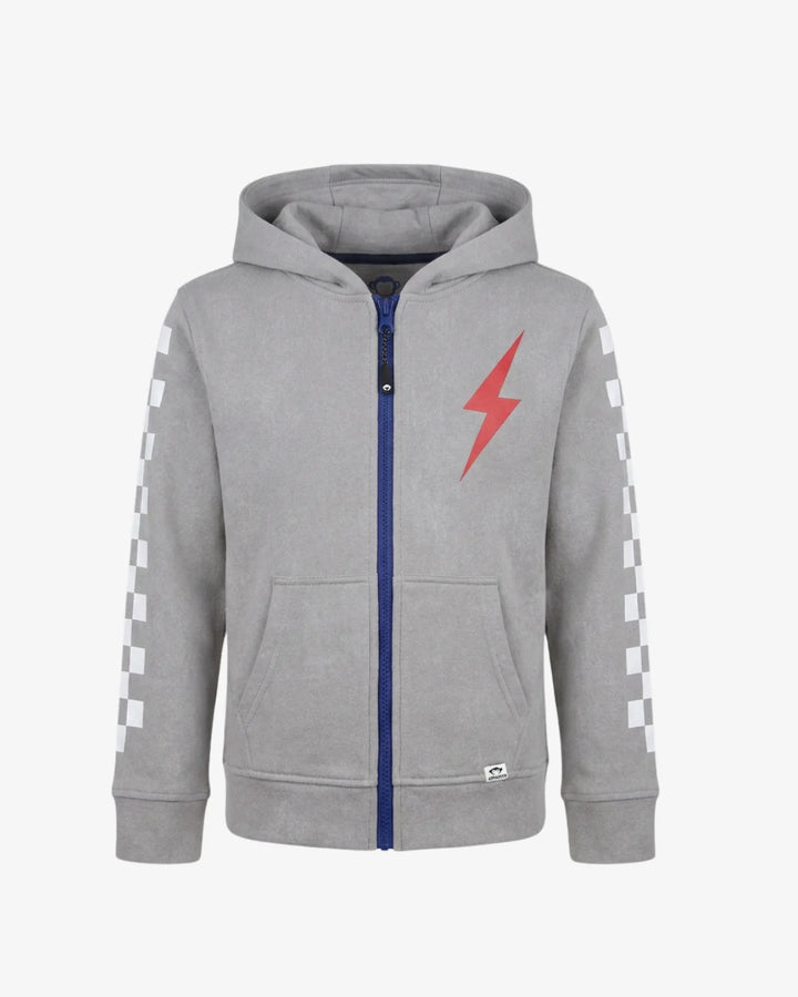 Gray hoodie with red lightning bolt design on a white background