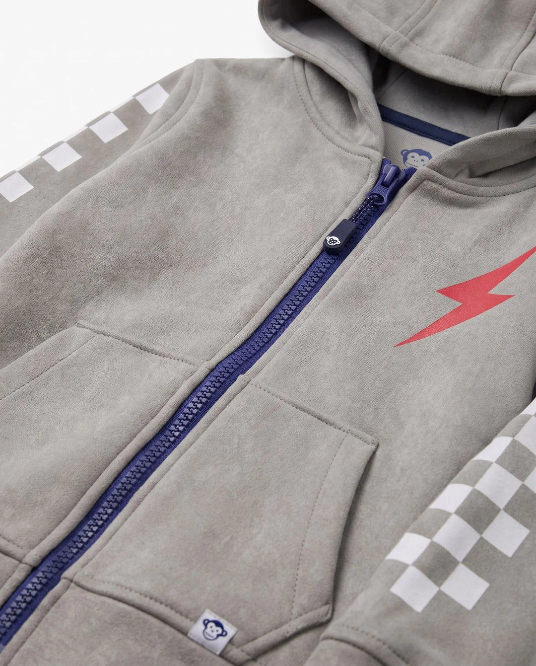 Gray hoodie with red lightning bolt design and checkered pattern on sleeve