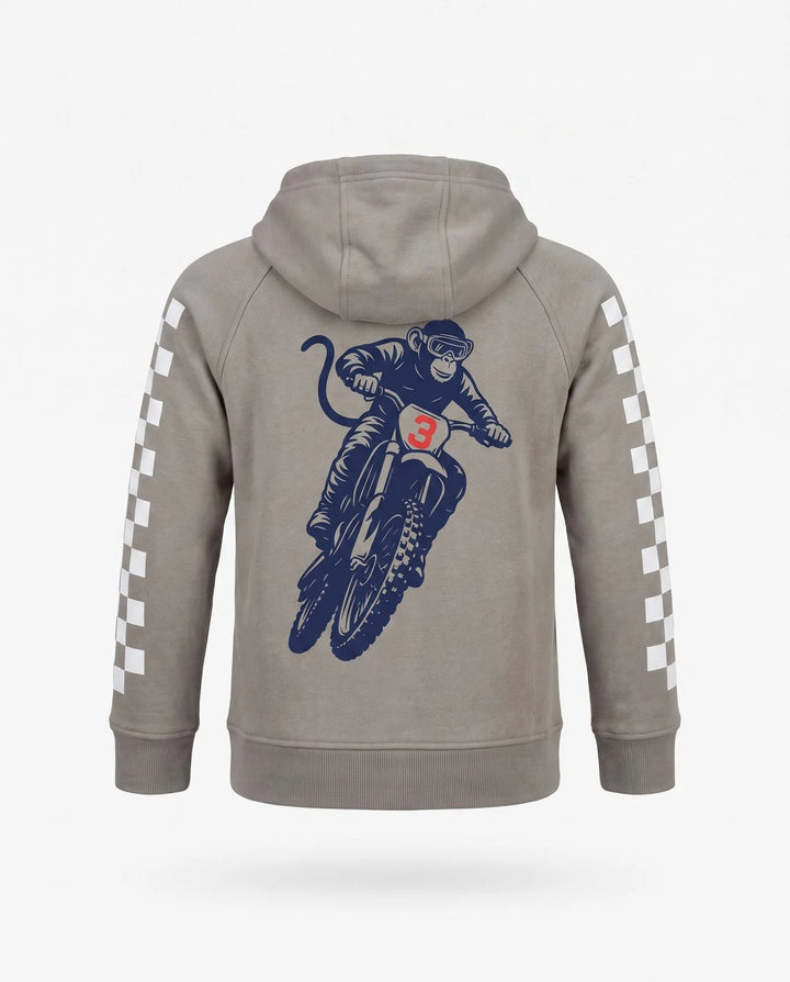 Gray hoodie with a graphic of a monkey on a bike on the back, on a white background