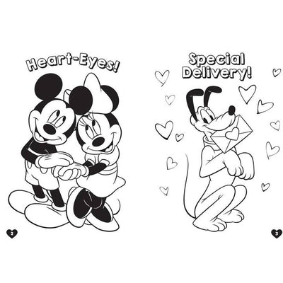 example of inside coloring book one page is minnie and mickey hugging and one of pluto holding a valentine. 