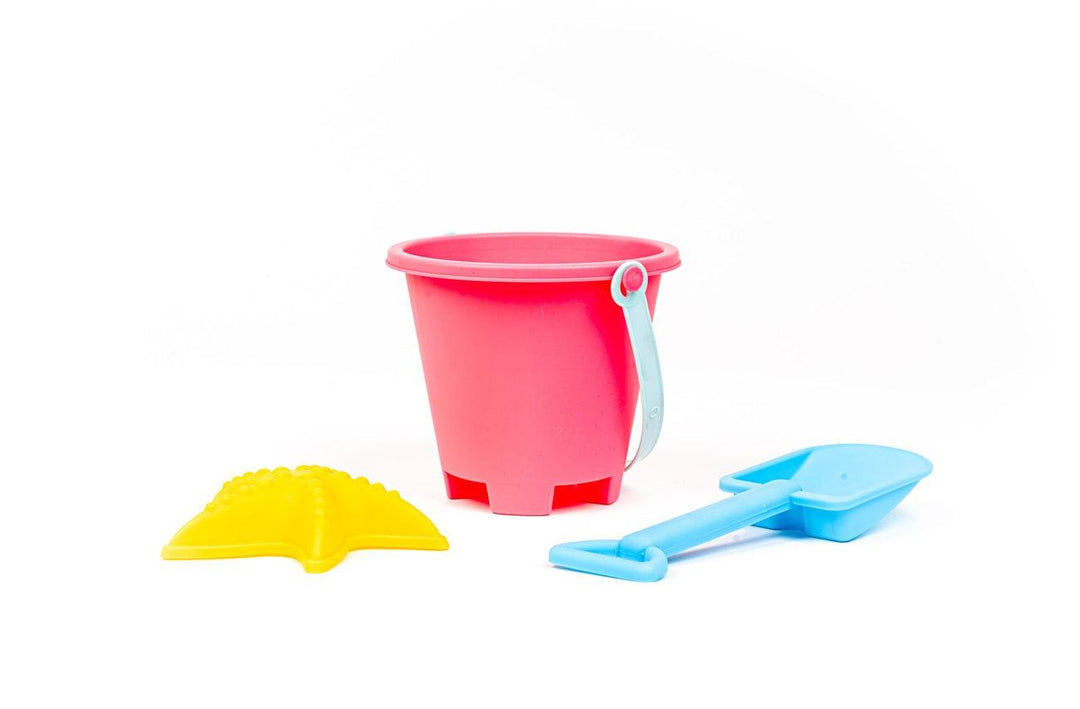 3 piece set to take to the beach: bucket, blue shovel and yellow starfish. 