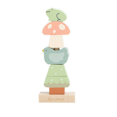 wooden stacking toy with a woodland theme: frog, mushroom, bird and tree