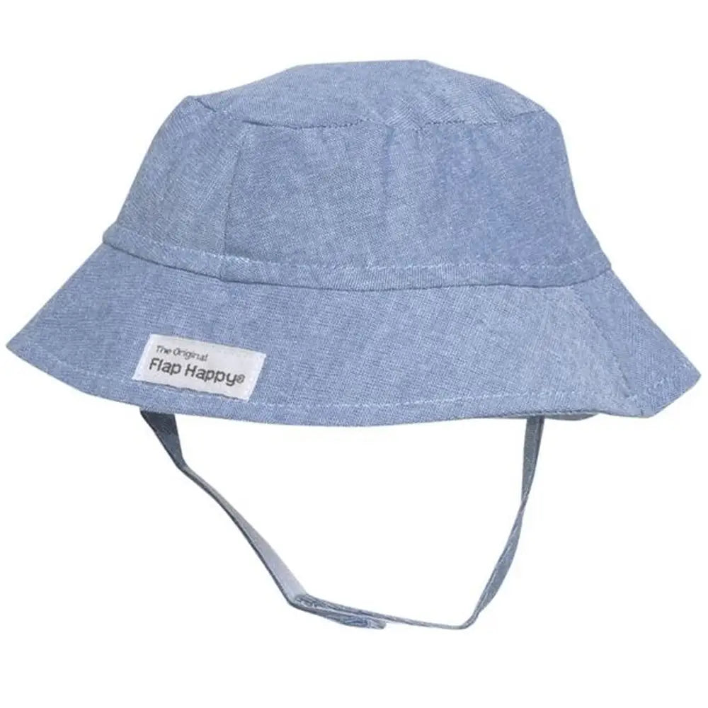 Blue bucket hat with a visible brand label on a white background