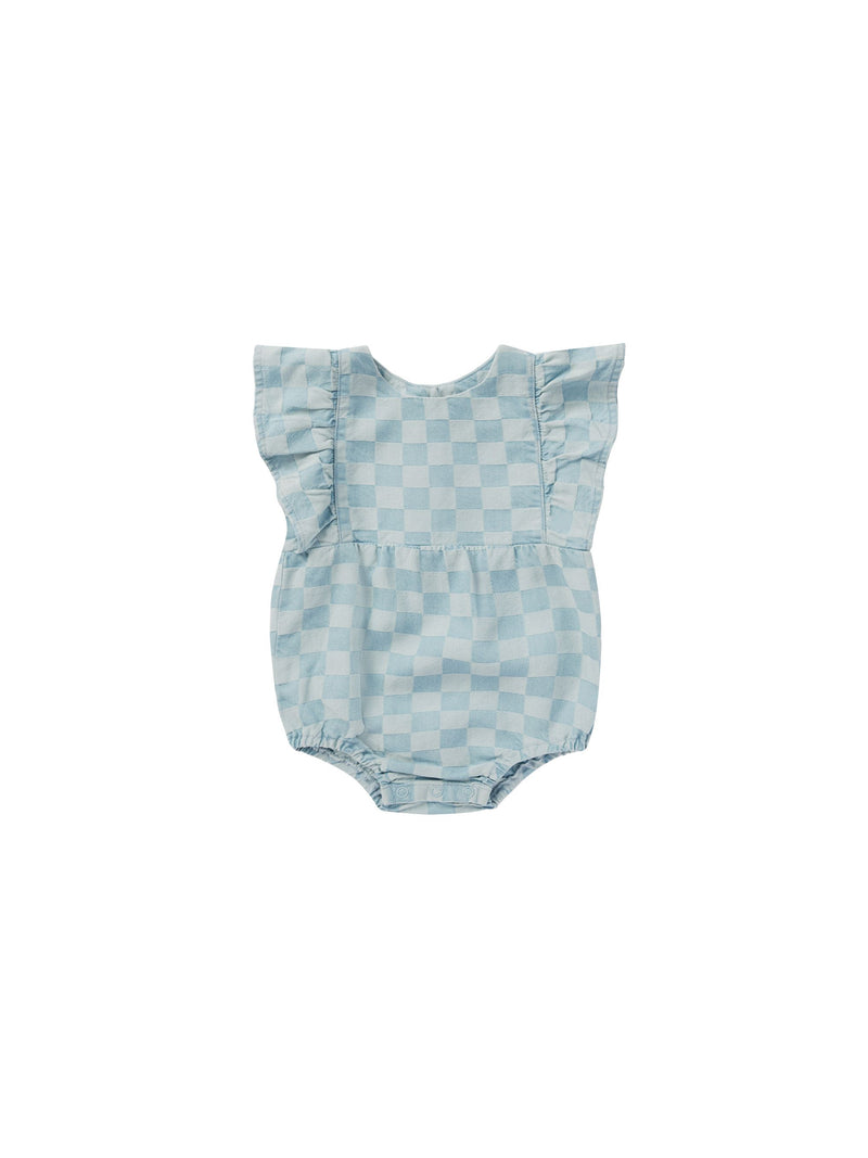 Baby Girl Bubble | Kalea Romper - Blue Check | Rylee and Cru