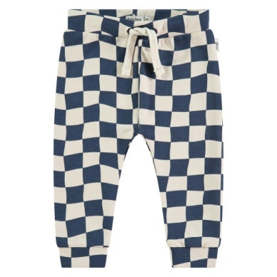 navy and beige check sweatpants with drawstring. 