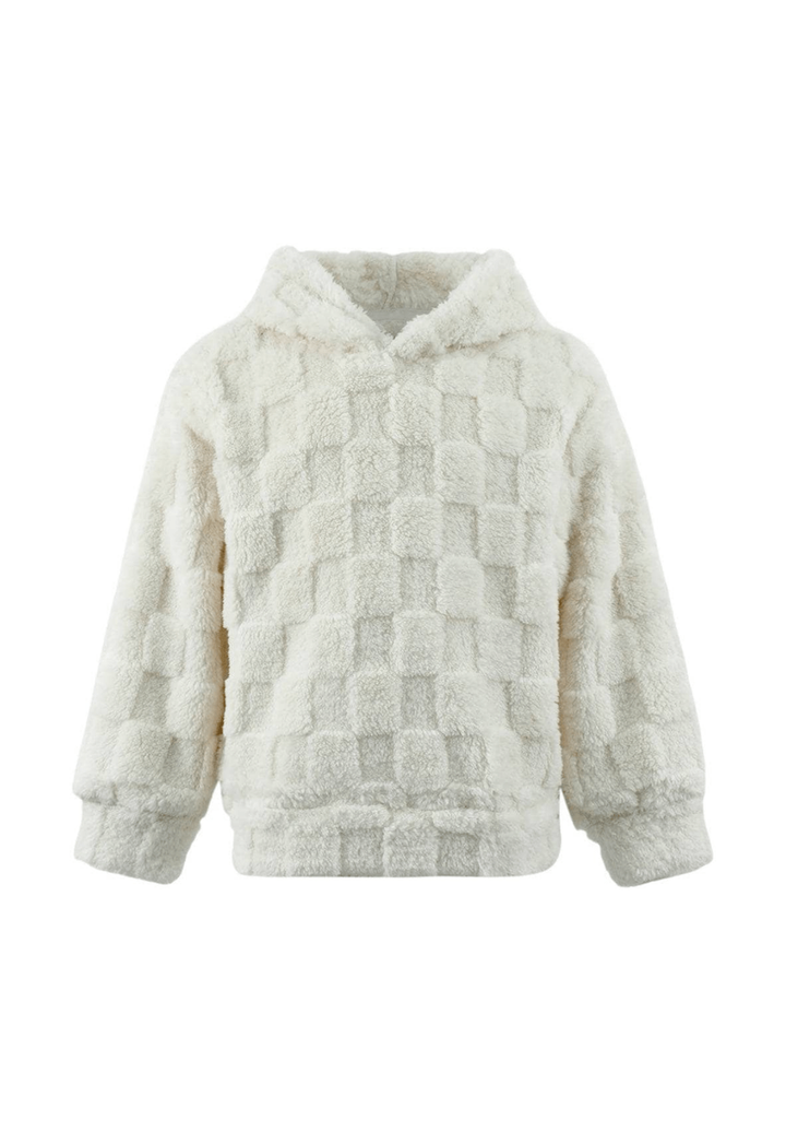 A cream-colored textured faux fur hoodie with a checkerboard pattern, long sleeves, and a plush hood, shown against a plain white background.