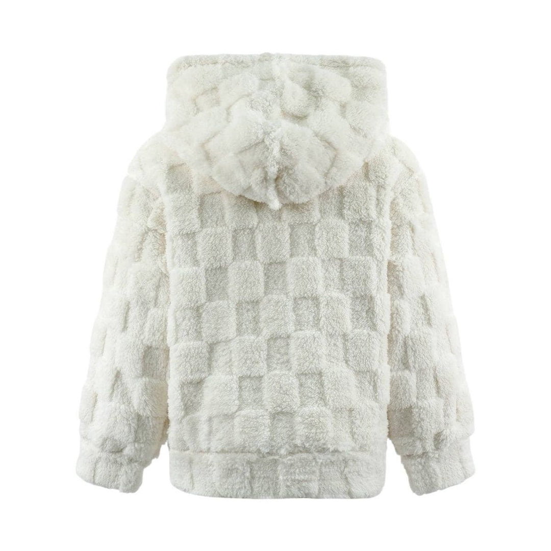 A white textured faux fur hooded jacket with a raised checkerboard pattern, shown from the back on a plain white background.