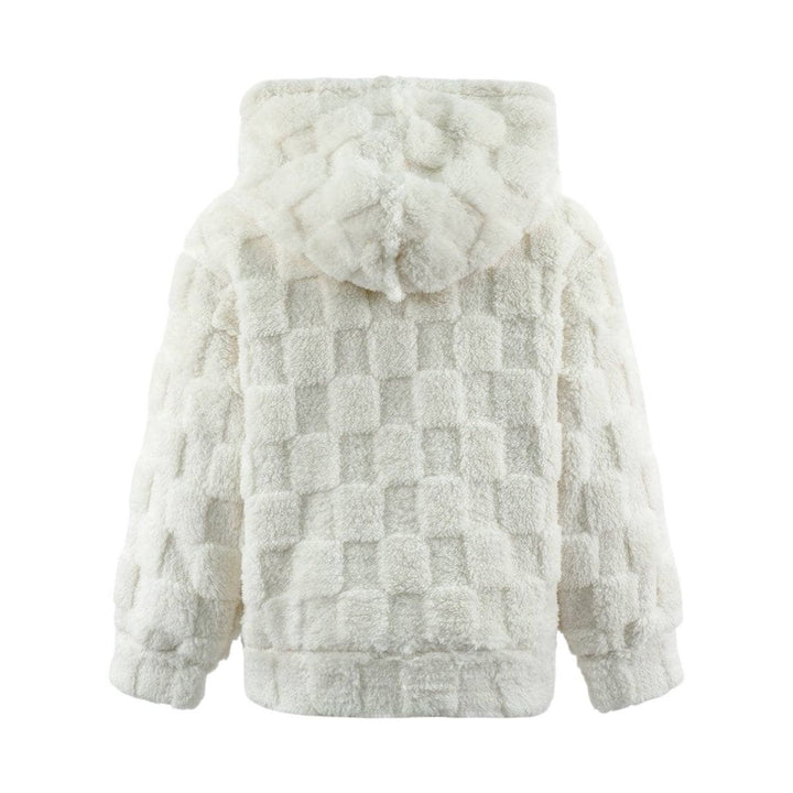 A white textured faux fur hooded jacket with a raised checkerboard pattern, shown from the back on a plain white background.