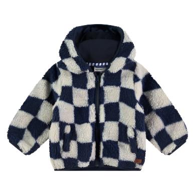 navy and beige check sherpa jacket. there is a hood and zipper and two pockets on the side. 