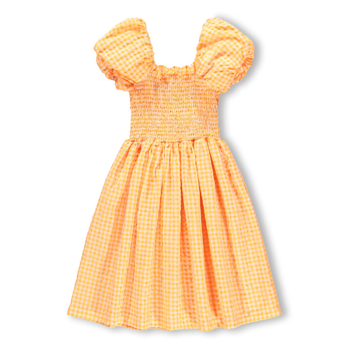 Yellow and orange checkered dress with puff sleeves on a white background