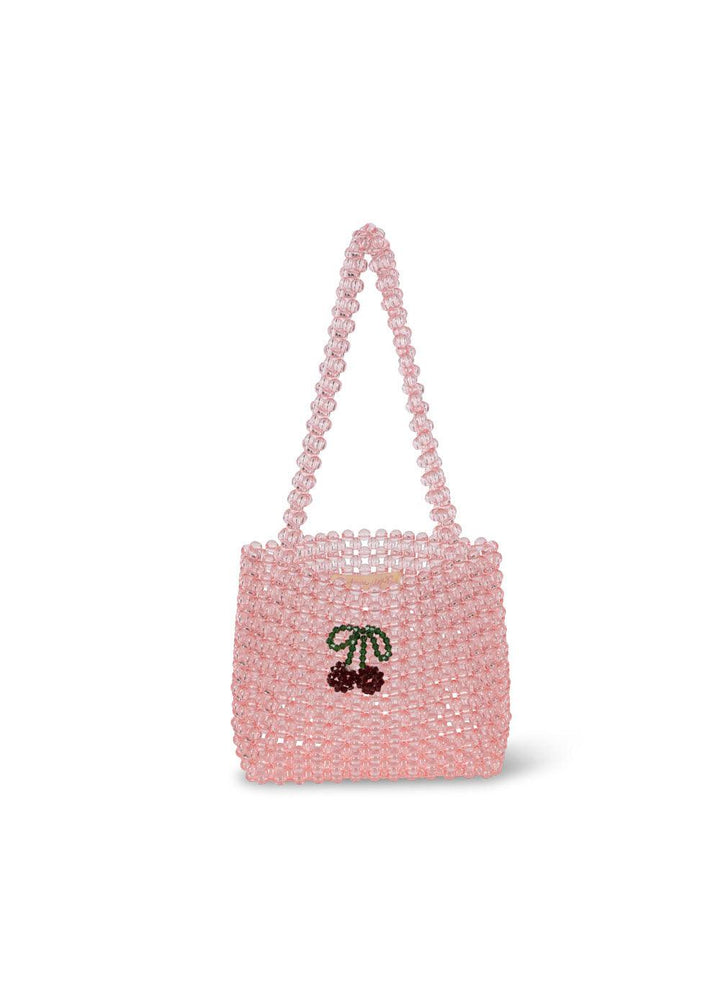 pink beaded bag with beaded cherries attached the front the bag. shorter shoulder strap 