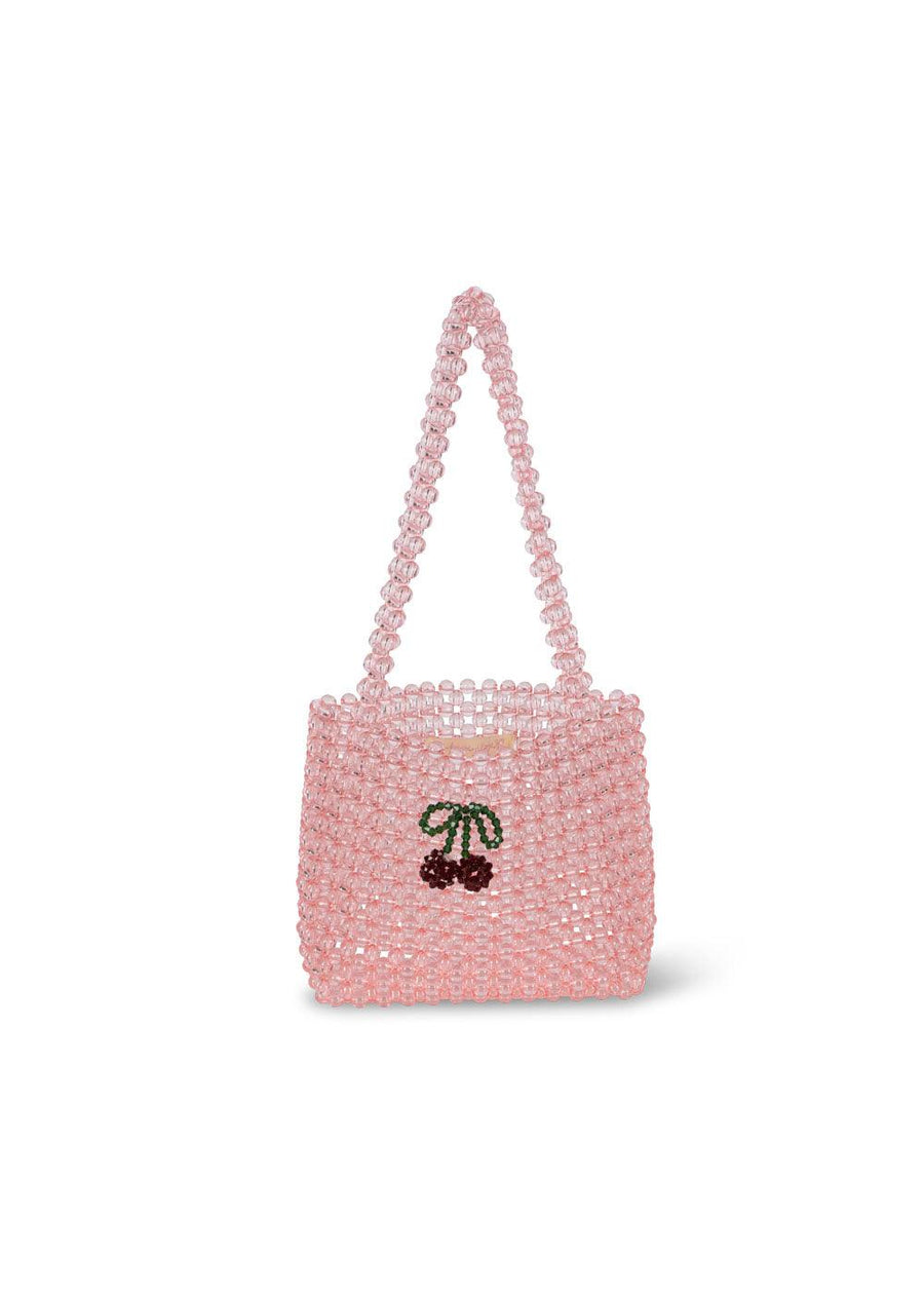 pink beaded bag with beaded cherries attached the front the bag. shorter shoulder strap 