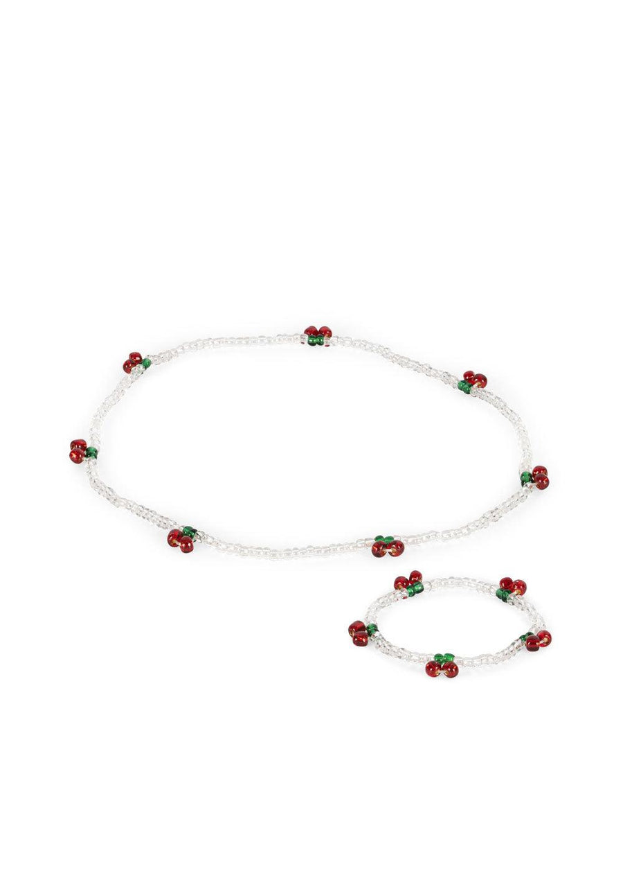 pearly beaded necklace and bracelet, white beads with red cherries attached to the strand. 