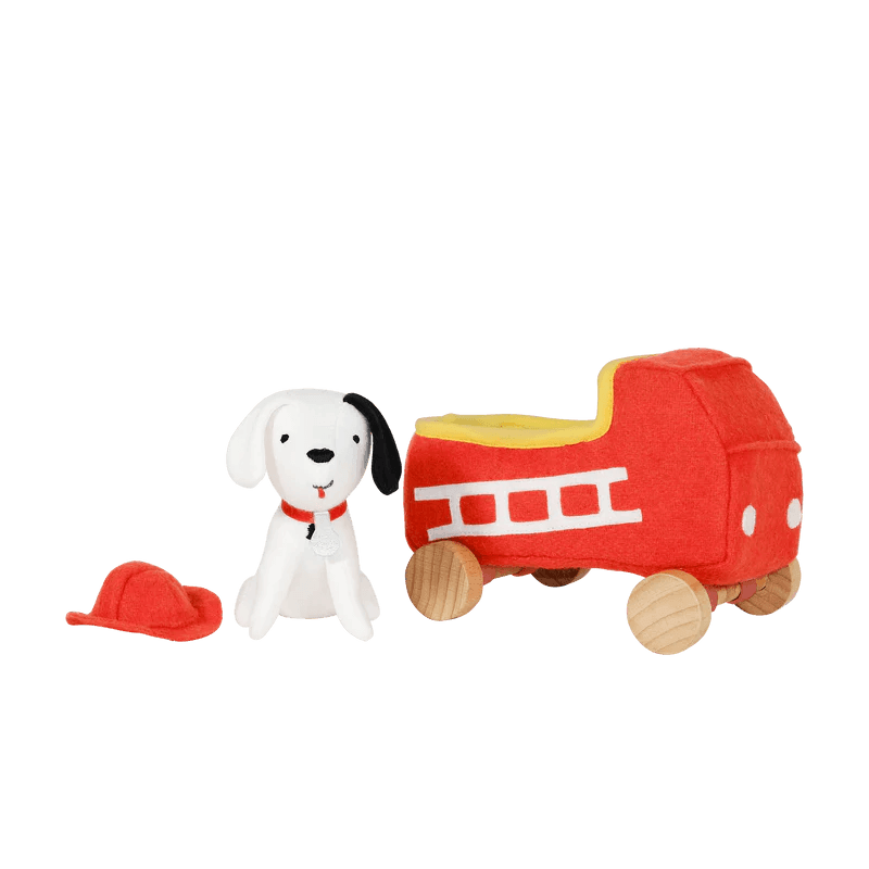 this picture shows all three pieces to this toy: dog hat, dog and fire truck