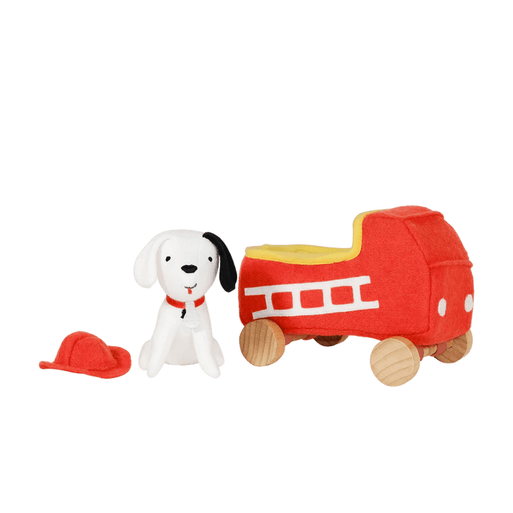 this picture shows all three pieces to this toy: dog hat, dog and fire truck