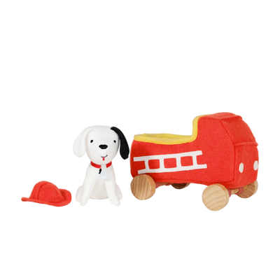 this picture shows all three pieces to this toy: dog hat, dog and fire truck