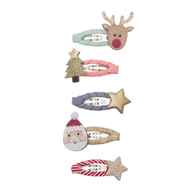 Set of Christmas-themed hair clips on a white background