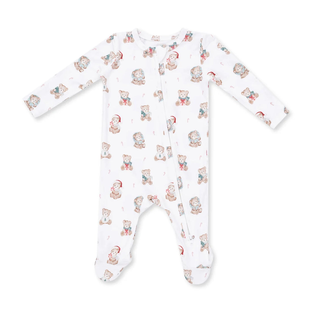 A white long-sleeve baby footed sleeper with an all-over print of teddy bears wearing Santa hats, photographed on a clean white background.