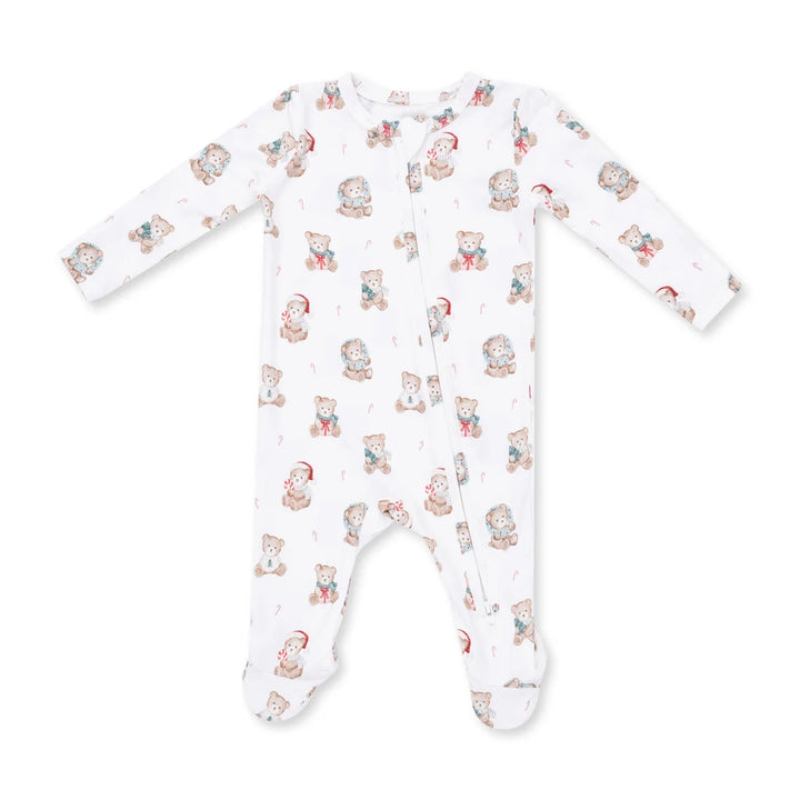 A white long-sleeve baby footed sleeper with an all-over print of teddy bears wearing Santa hats, photographed on a clean white background.