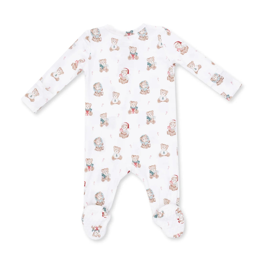 Baby onesie with teddy bear pattern on a white background