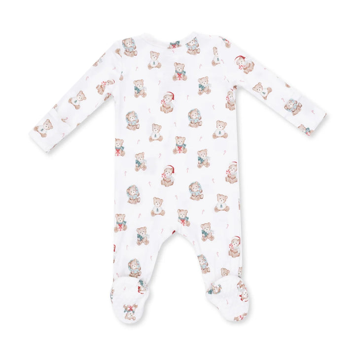 Baby onesie with teddy bear pattern on a white background